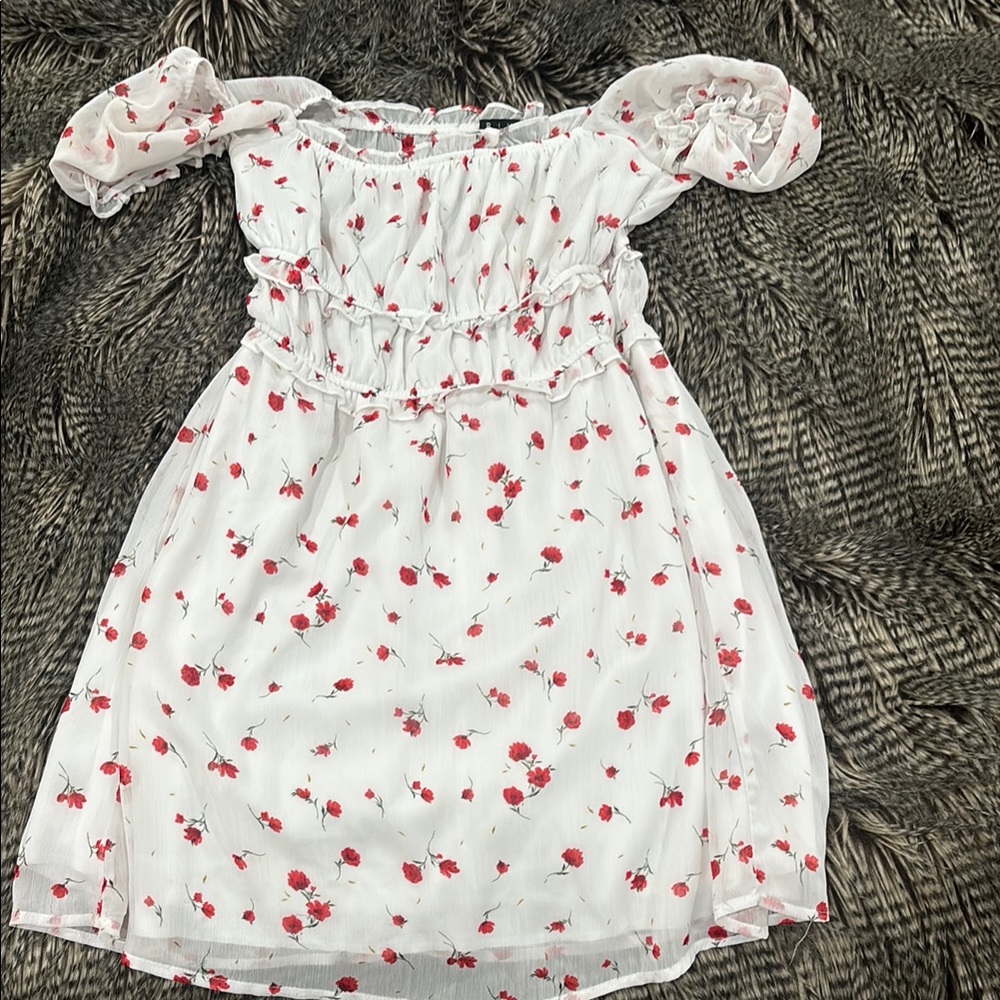 Floral White and Red Kids Dress